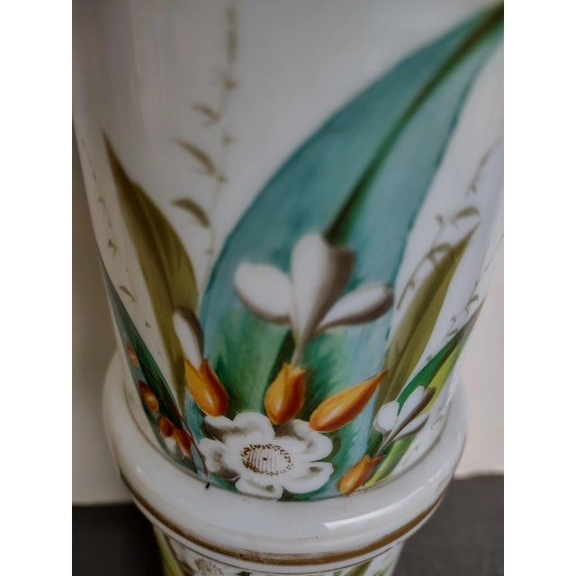 French 19th Century French Bamboo Form Hand Painted White Opaline Vase With Flowers and Gold Trim Ii For Sale - Image 3 of 5