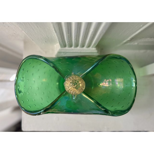 Barovier e Toso Vintage Murano Style Italian Glass Bowl Controlled Bubble Green Gold Decorative Dish For Sale - Image 4 of 6