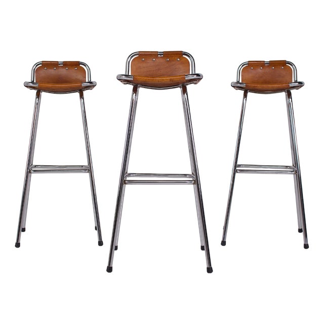 Cognac Leather Stools, 1970s, Set of 3 For Sale