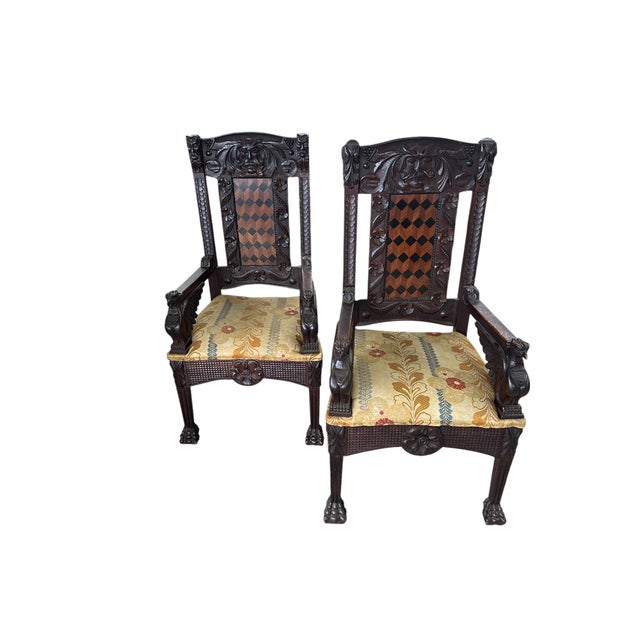19th Century Pair of American Carved Oak Chairs For Sale - Image 4 of 12