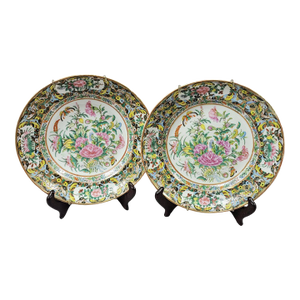 19th C Chinese Rose Medallion Butterfly Shallow Bowls Plates