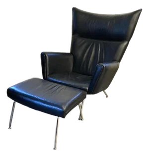 Vintage Modern Black Butterfly Leather Lounge Chair and Ottoman