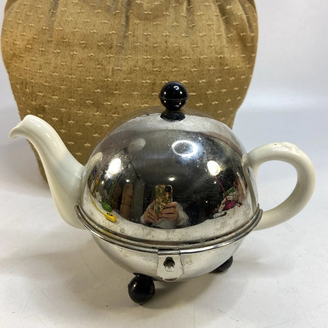 White Vintage Rare Dutch Tea Brocade Carriage Caddy a Teapot & Metal Footed Cozy - 3 Pc Set For Sale - Image 8 of 12