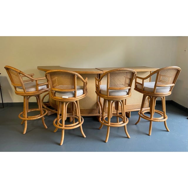 Mid-Century Modern Mid 20th Century Vintage Mid-Century Modern Bamboo and Grasscloth Bar and 4 Bar Stools - Set of 6 For Sale - Image 3 of 12
