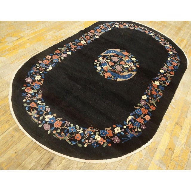 Art Deco 1920s Black Medallion Floral Antique Oval Chinese Art Deco Carpet 4'1" X 6'10" For Sale - Image 3 of 9