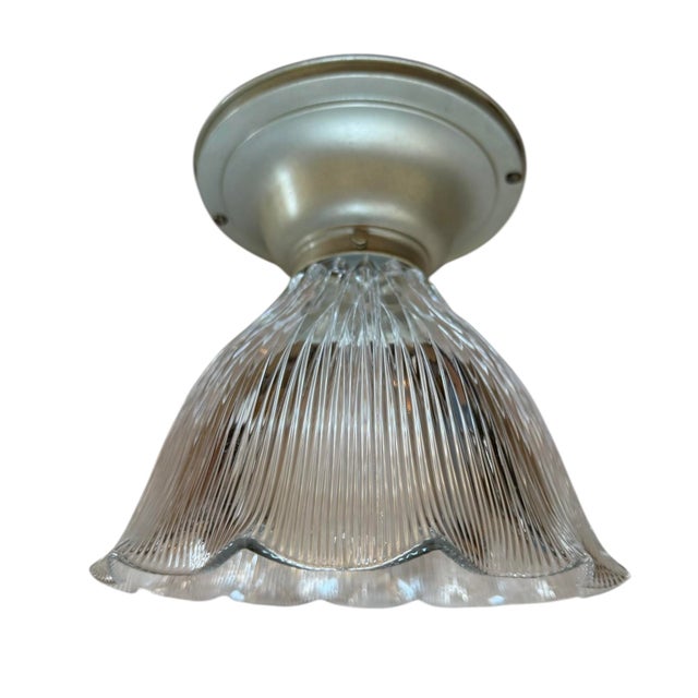 Antique Silver Flushmount With Fluted Halophane Shade For Sale - Image 4 of 5