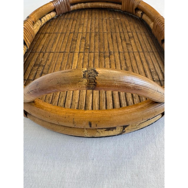 Vintage Coastal Bamboo & Pencil Reed Rattan Double Handle Serving Tray in the Style of Gabriella Crespi For Sale - Image 11 of 12
