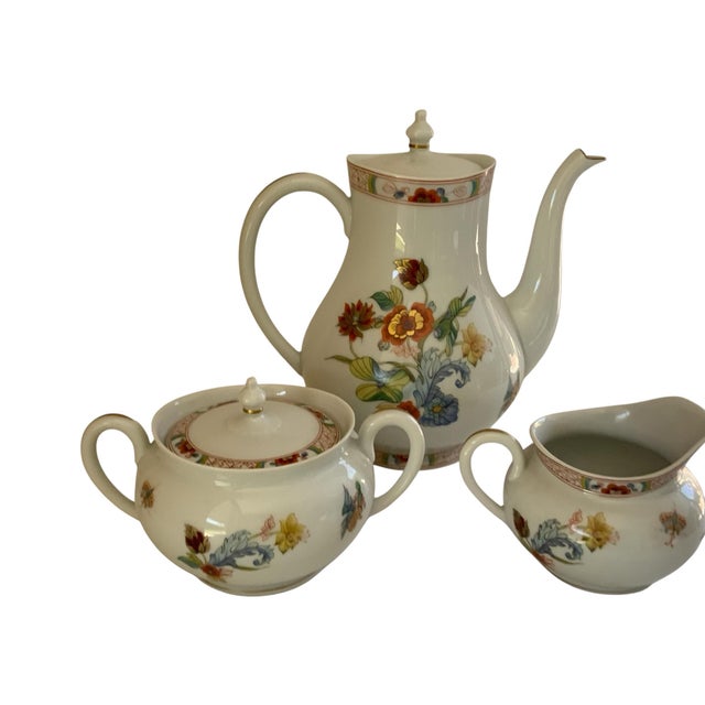 Vintage Haviland Limoges Cathay Coffee Pot Creamer Sugar Set Made in France 1973-1991. Discontinued. Features a Chinese-...