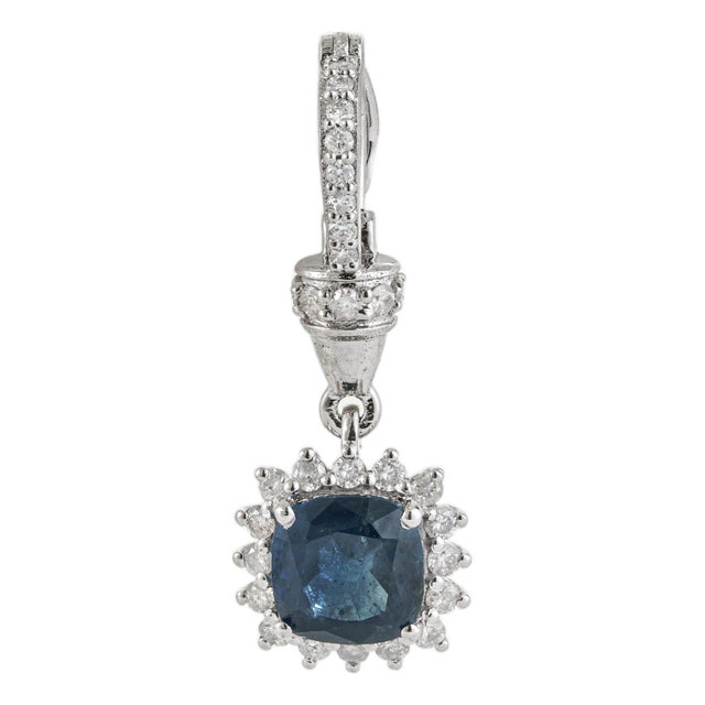 1.14ct Cushion Cut Natural Blue Sapphire Diamond Halo Pendant in 14k White Gold For Sale