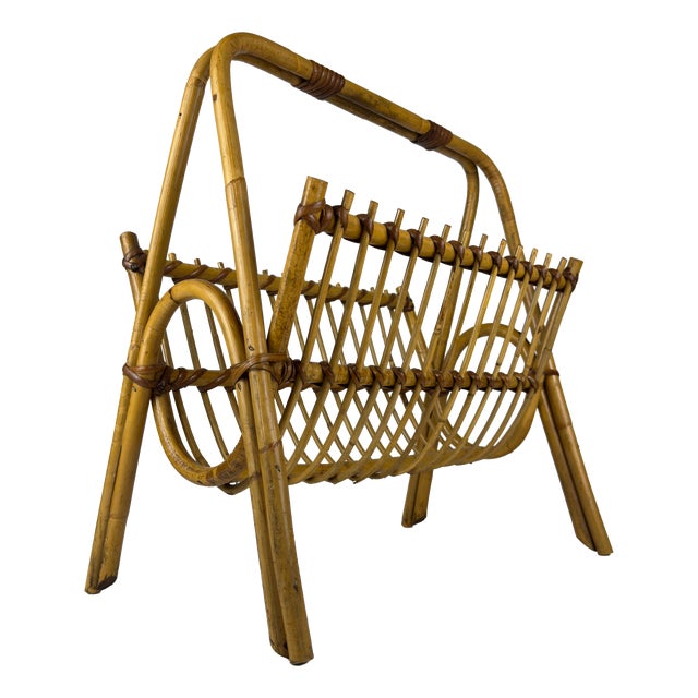 Vintage Bamboo and Vienna Straw Magazine Rack, Italy, 1960s For Sale