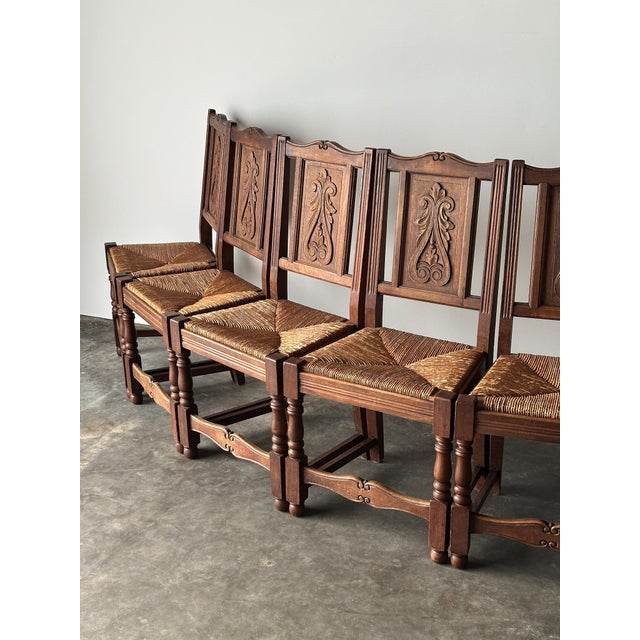French Provincial Early 20th Century French Carved Oak Rush Seat Dining Chairs, Set of 8 For Sale - Image 3 of 18