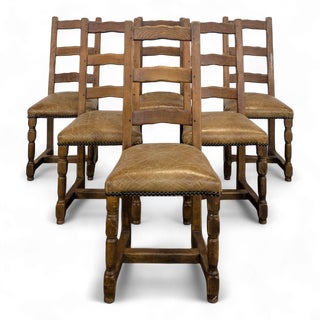 Rustic Leather and Wood Chairs, Set of 6 For Sale