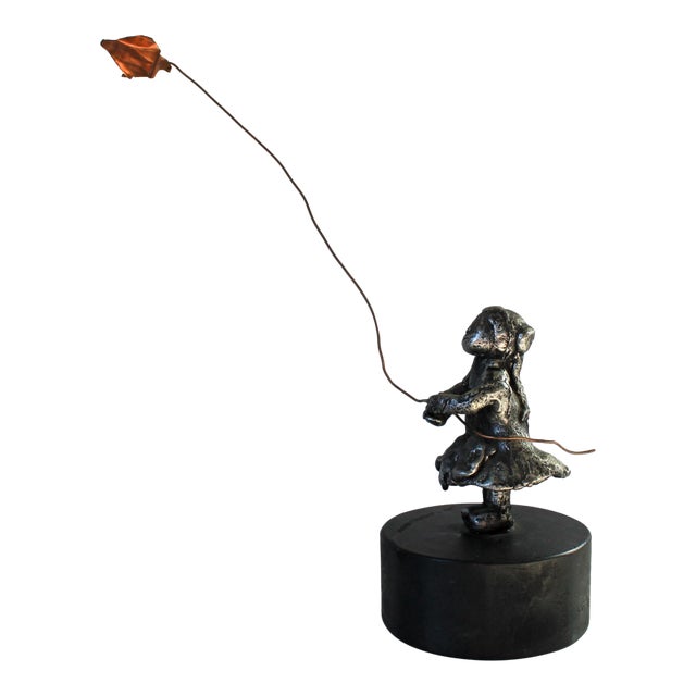 Vintage Metal Sculpture of Girl Flying Copper Kite For Sale