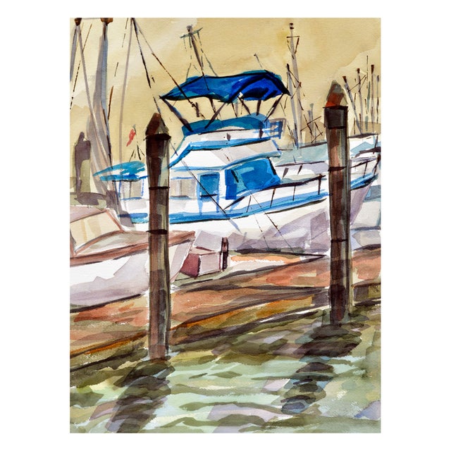 Vintage watercolor seascape of boats docked in the marina by Doris Ann Warner (American, 1925-2010). Signed "Warner" lower...