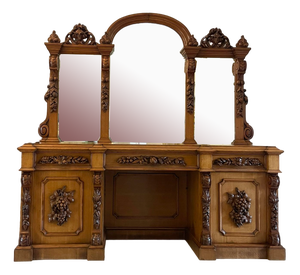Antique Victorian Carved Oak Mirror Backed Sideboard, 1860