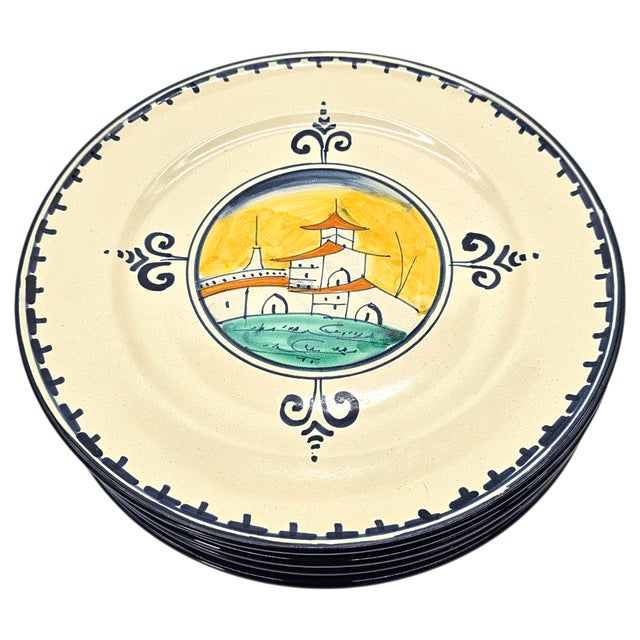 Farmhouse Late 20th Century Corso Dei Fiori “Casolare” Italian Hand-Painted Maiolica Dinner Plates, Set of Four For Sale - Image 3 of 8
