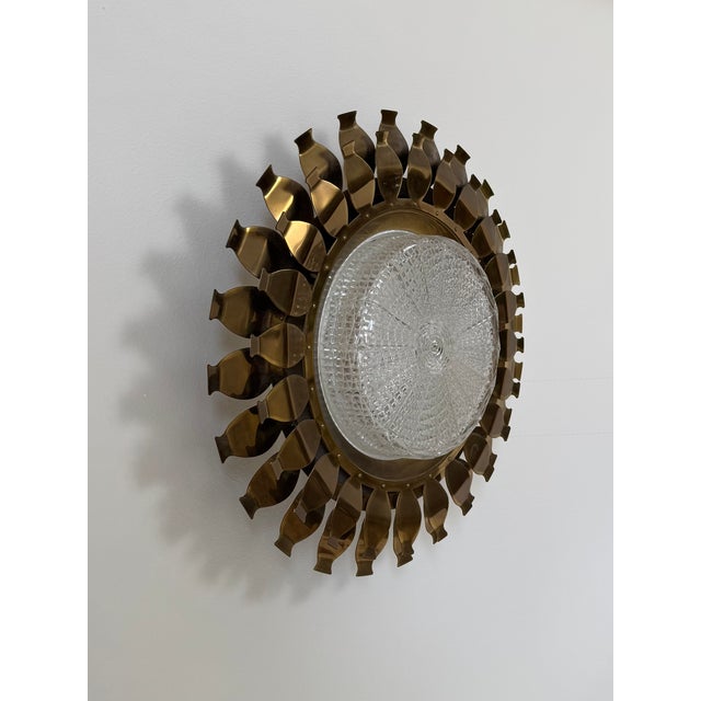 Vintage Brass and Pressed Molded Glass Wall Sconce, Sweden, 1960 For Sale - Image 11 of 11