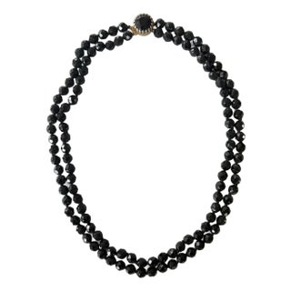 Vintage Jet Glass, Silk and Tied Beaded Necklace For Sale