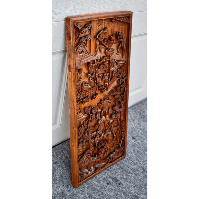 Antique (1920's) Wood Plaque - Wall Panel. Hand Carved 3 D. Reddish Brown Color. Features: Figural Rural Life. The...
