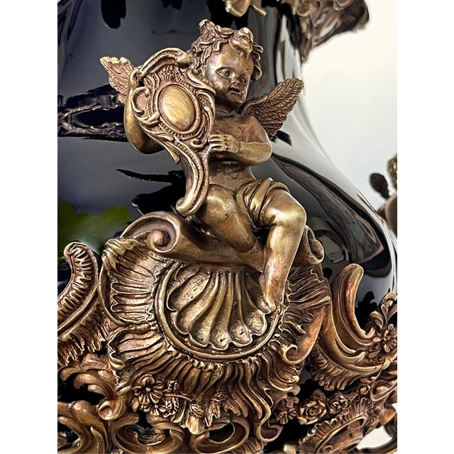 Large Covered Urn in Black Porcelain and Bronze Rocaille Decoration with Cherubs, 2010s For Sale - Image 17 of 18