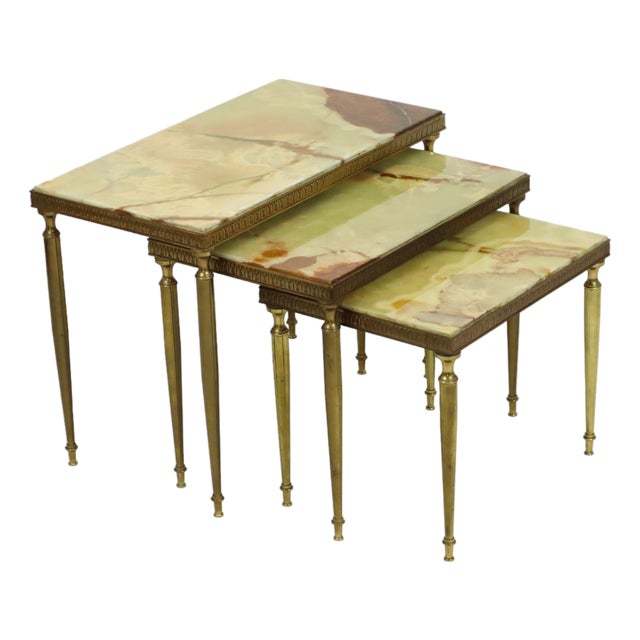 Nesting Tables in Onyx Marble and Copper, France, 1950s, Set of 3 For Sale
