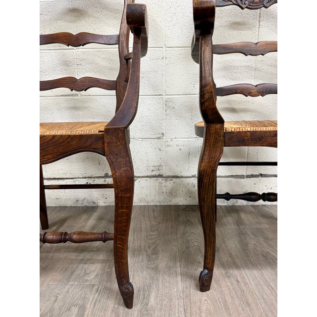 Antique French Country Style Louis XV Style Ladder Back Rush Seat Arm Chairs For Sale In Kansas City - Image 6 of 10