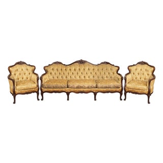 Vintage French Provincial/Louis XV Style Carved Wood Sofa and Armchairs – Set of 3 For Sale