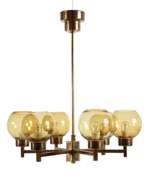 Six-Armed Chandelier in Brass and Glass by Hans-Agne Jakobsson, Sweden, 1970s