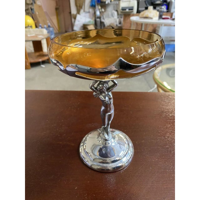 Art Deco 1930s Chrome Farberware Nude Women Art Deco Compote with Amber Glass Cup For Sale - Image 3 of 11