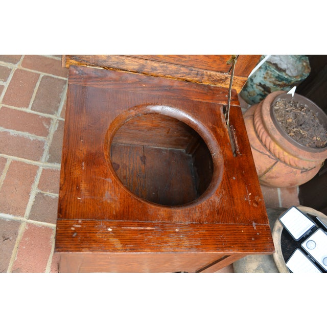 1920s Antique English Oak Wood Commode Potty Chamber Pot Cupboard W/ Cushioned Top For Sale - Image 5 of 16