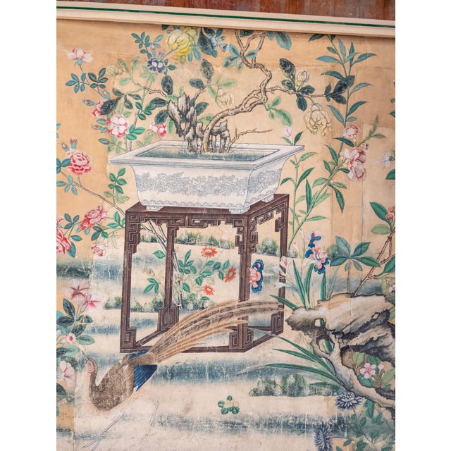 18th Century Chinese Watercolor Wallpaper Painting Bird of Paradise Floral Garden For Sale - Image 9 of 15