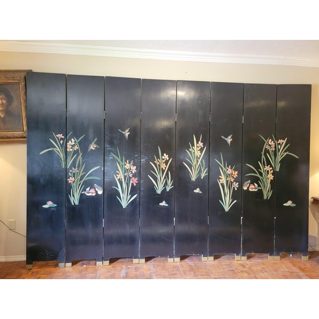 Black 8‑panel Asian Lacquer Folding Screen For Sale - Image 8 of 12