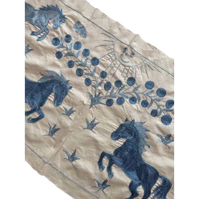 1960s Blue Horse Suzani Wall Hanging, Smiling Sun For Sale - Image 5 of 5
