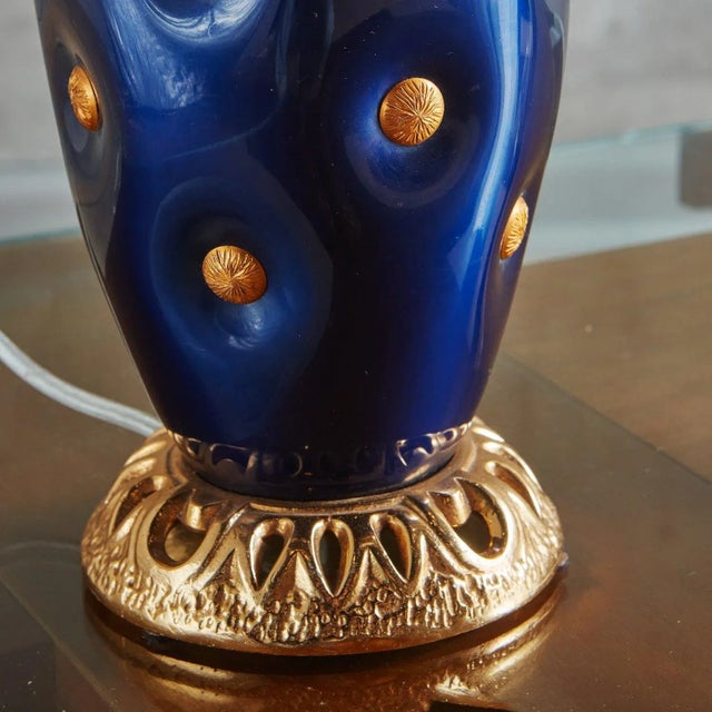 Art Nouveau Blue + Gold Glazed Porcelain Lamp, Italy 1980s For Sale - Image 3 of 9