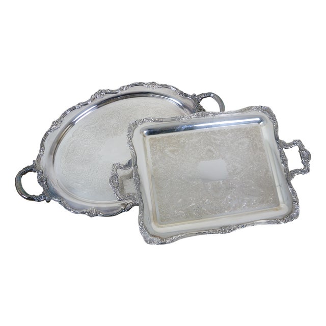 Mid 20th Century Reed & Barton Tara Hall & Wm Rogers Silverplate Handled Serving Trays Platters For Sale
