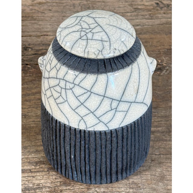 Vintage Studio Ceramic Raku Lidded Jar W/ Black and White Crackle Glaze by Mike Bose For Sale In Providence - Image 6 of 8