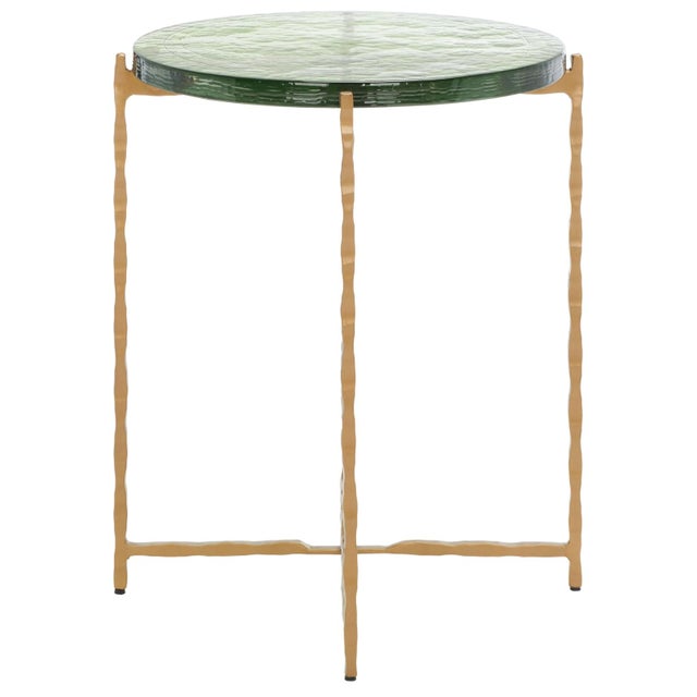 Metal Tengah Round Glass Accent Table in Green / Brass For Sale - Image 7 of 8