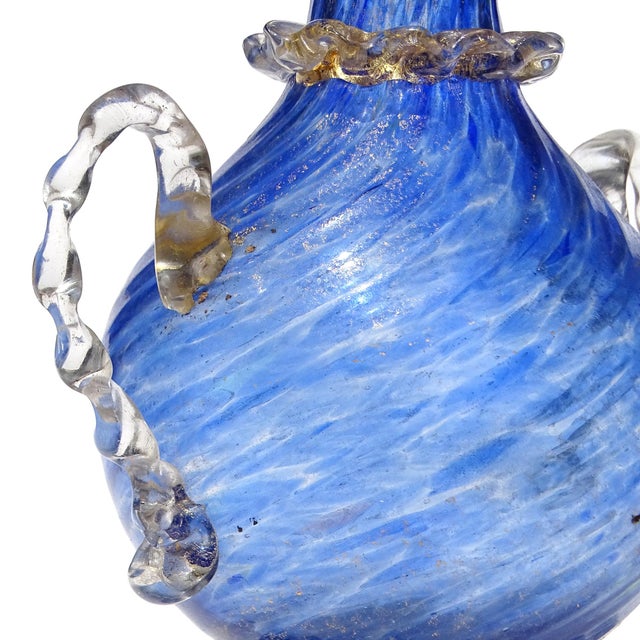 Antique Venetian Murano Sapphire Blue Gold Leaf Handles Italian Art Glass Ruffle Rim Footed Flower Vase For Sale In Orlando - Image 6 of 9