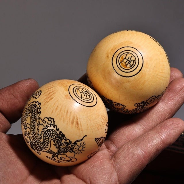 Asian Carved Dragon and Phoenix Baoding Balls With Wooden Box For Sale - Image 3 of 8