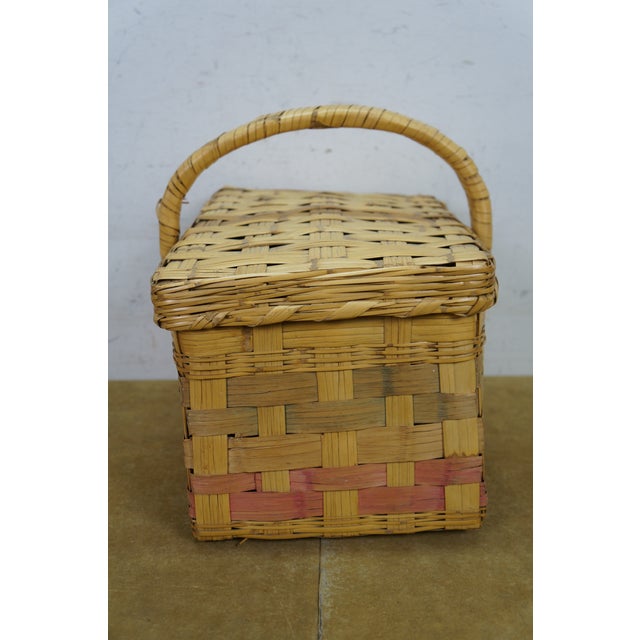 Vintage Woven Wicker Rattan Country Farmhouse Lidded Storage Basket 14" For Sale - Image 4 of 14
