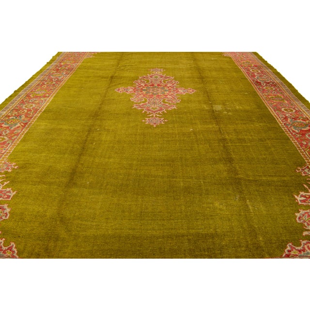 Green Antique Persian Mahal Wool Rug in Green Featuring a Center Motif For Sale - Image 8 of 9