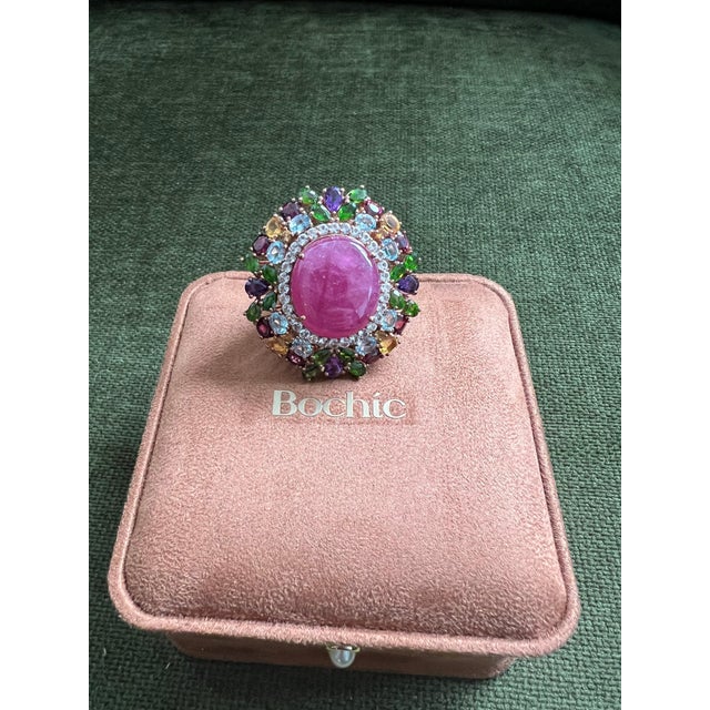 Bochic “Orient” Vintage Ruby, Sapphire & Multi Gem Ring - 18K Gold & Silver For Sale - Image 12 of 15