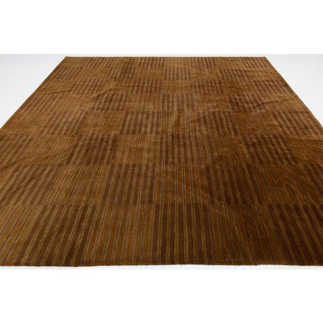 Contemporary Modern Nepalese Tibetan Wool & Silk Rug With Minimalist Brown Stripes Design For Sale - Image 3 of 9