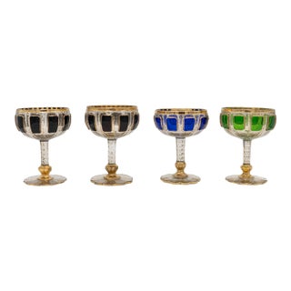 Early 1900s Moser Bohemian Raised Cabochon Panel Cut Glass Wine Goblets- Set of 4 For Sale