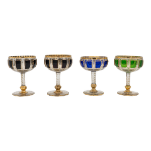 Early 1900s Moser Bohemian Raised Cabochon Panel Cut Glass Wine Goblets- Set of 4