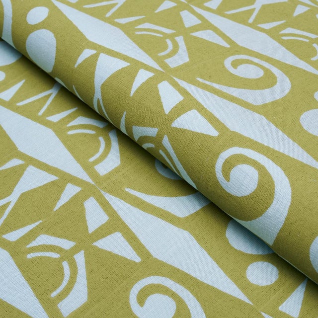 Schumacher Schumacher Tarot Hand Block Fabric In Sky & Green For Sale - Image 4 of 5