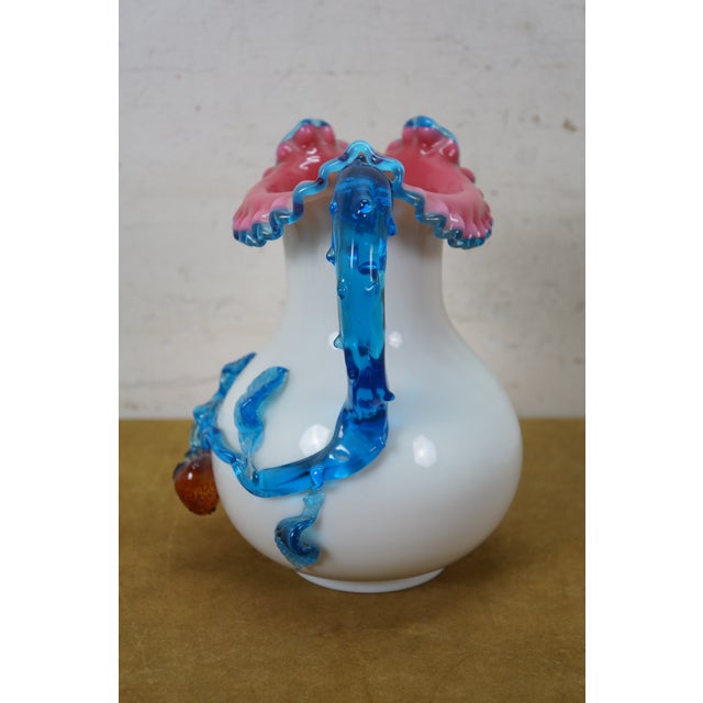 Stevens & Williams Antique Bohemian Uranium Custard Glass Ruffled Clambroth Cherry Pitcher 9" For Sale - Image 4 of 14