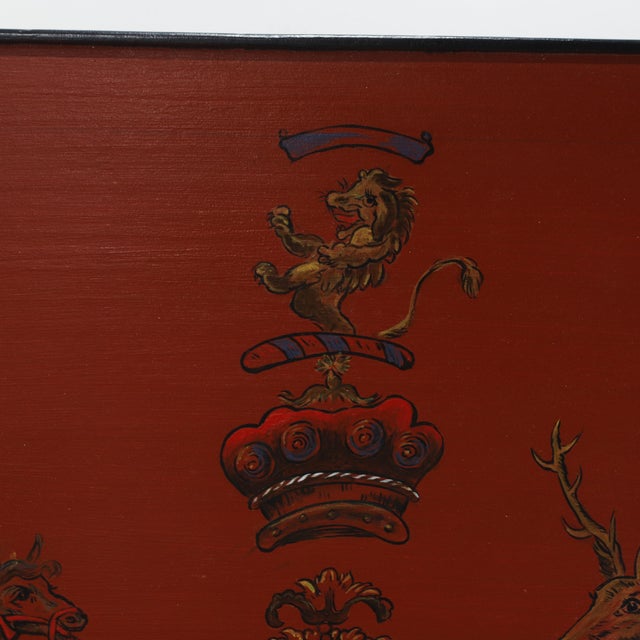 Maroon Pair of Vintage Chinese Red Lacquer Side Tables With Faux Bamboo Legs and Heraldic Crest Motif For Sale - Image 8 of 14