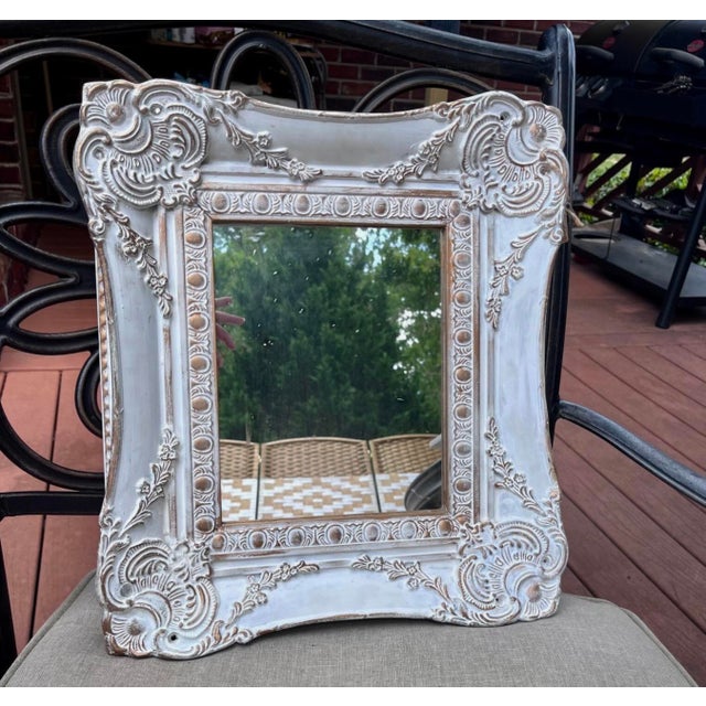 White French Country Wall Mirror Features a Heavily Distressed White Frame With Gold Trim For Sale - Image 8 of 15