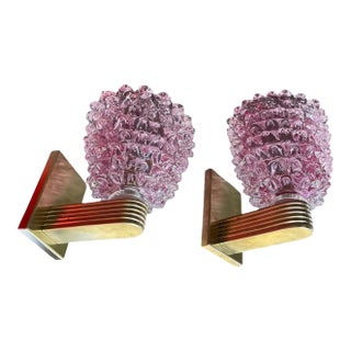 Two 1990s Barovier Style Art Deco Rostrato Pink Murano Glass Wall Sconces For Sale
